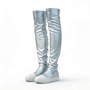 Metallic Silver Over-the-Knee Sneakers for Women, Shiny Faux Leather Thigh-High with Thick White Sole, Fashion Slip-On Long Sneakers for Party, Club, Streetwear, Casual Daily Wear