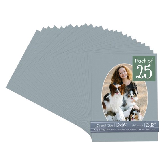 Metallic Silver Picture Frame Mat for 12x16 Frames - Oval Opening for 9x13 Photos - 25 Mats