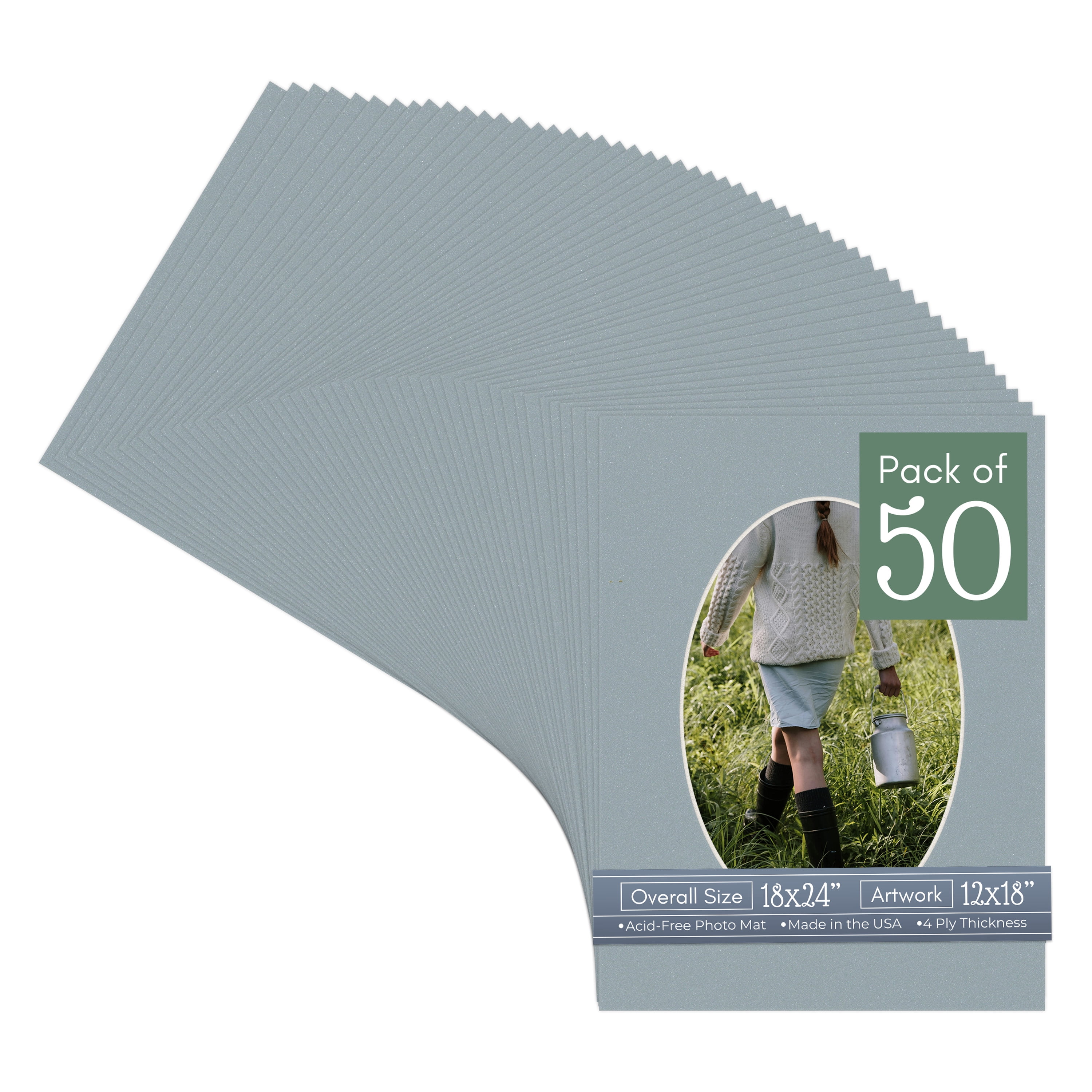 Metallic Silver Picture Frame Mat for 18x24 Frames - Oval Opening for 12x18 Photos - 50 Mats