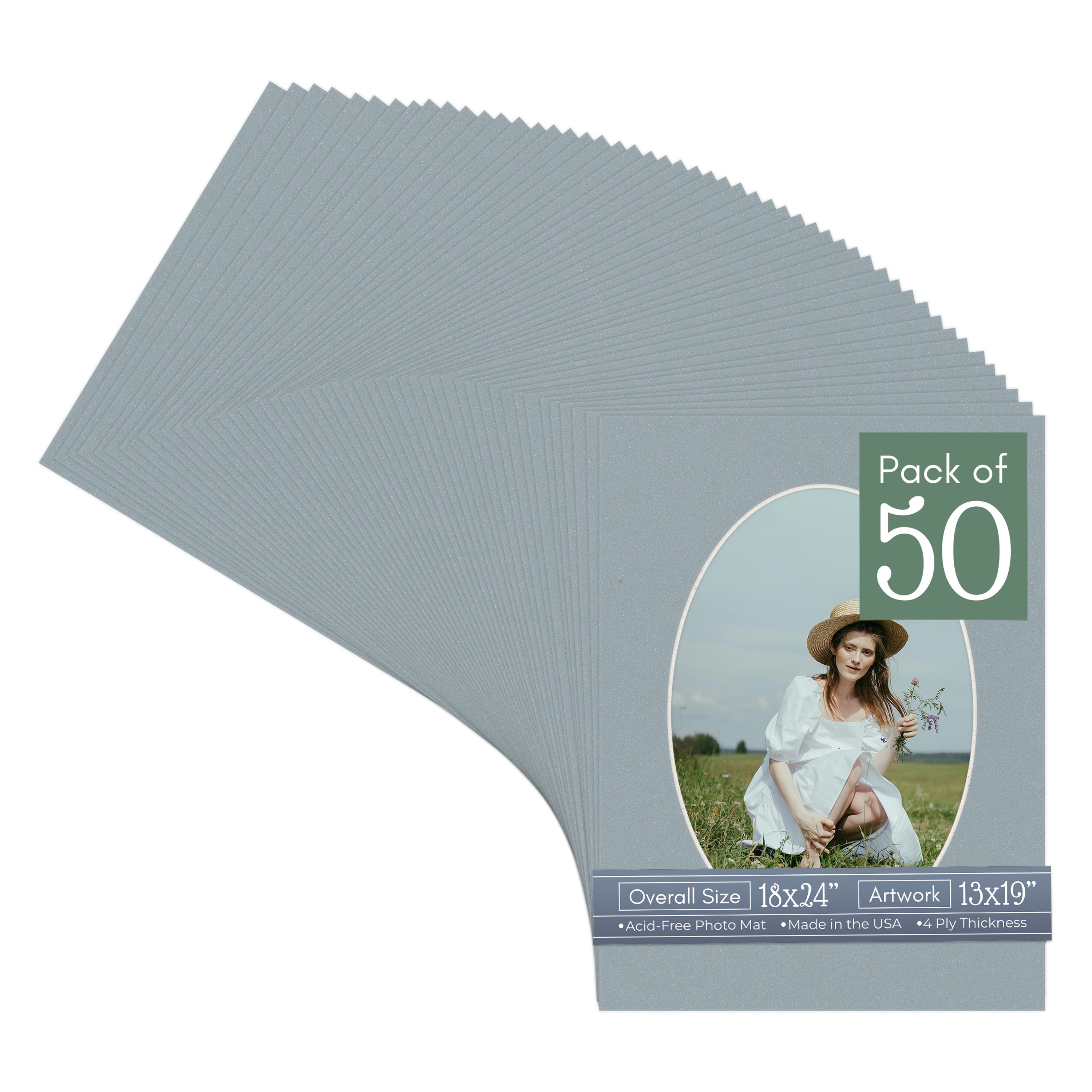 Metallic Silver Picture Frame Mat for 18x24 Frames - Oval Opening for 13x19 Photos - 50 Mats