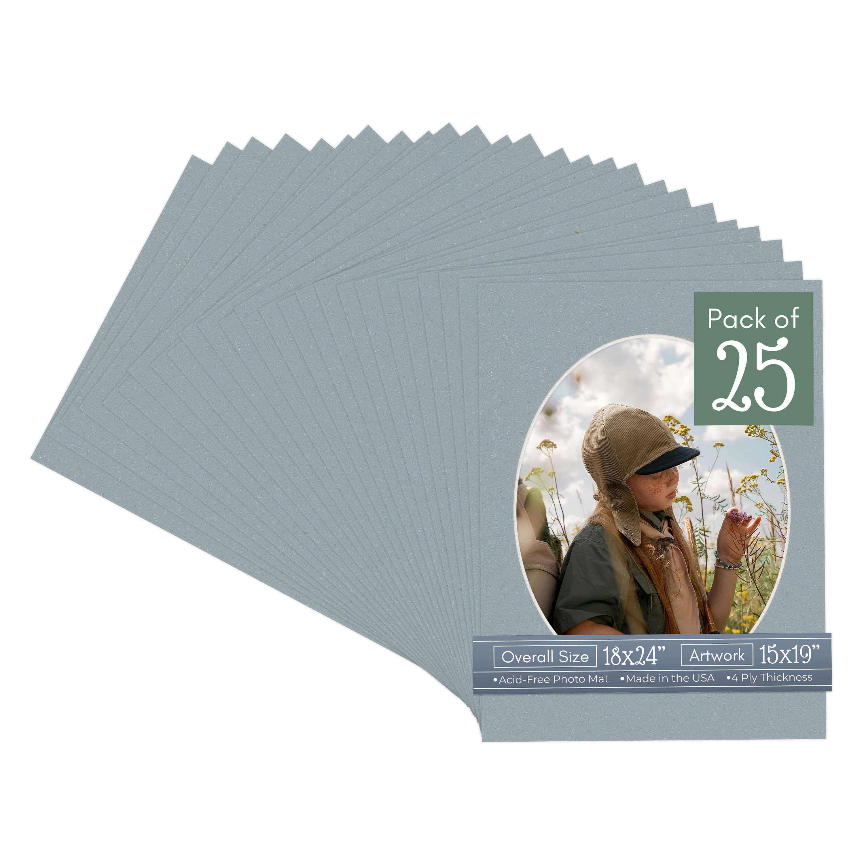 Metallic Silver Picture Frame Mat for 18x24 Frames - Oval Opening for 15x19 Photos - 25 Mats