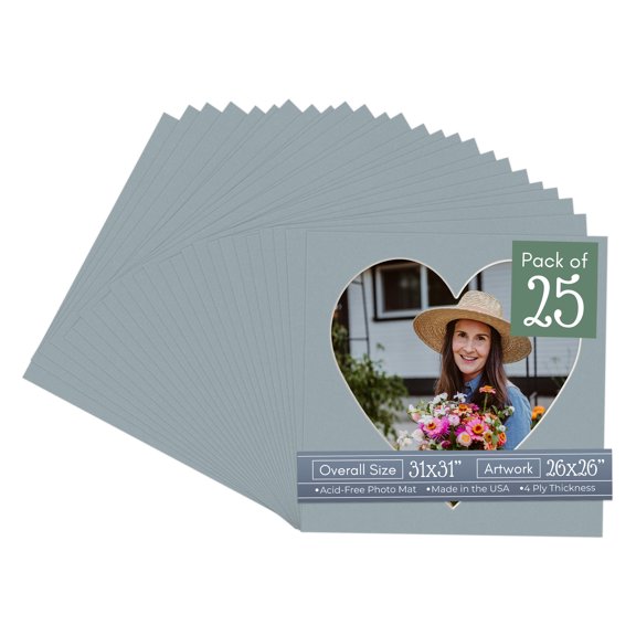 Metallic Silver Picture Frame Mat for 31x31 Frames - Heart Opening for 26x26 Photos - 25 Mats