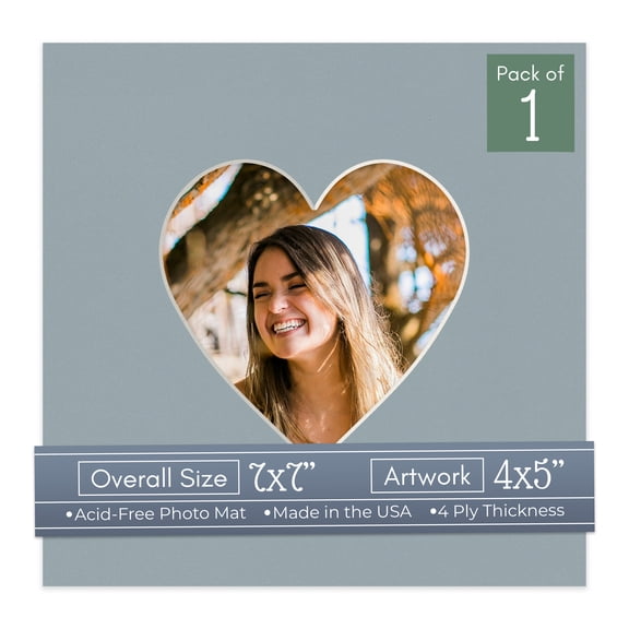 Metallic Silver Picture Frame Mat for 7x7 Frames - Heart Opening for 4x5 Photos - 1 Mat