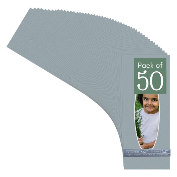 Metallic Silver Picture Frame Mat for 8x20 Frames - Oval Opening for 5x15 Photos - 50 Mats