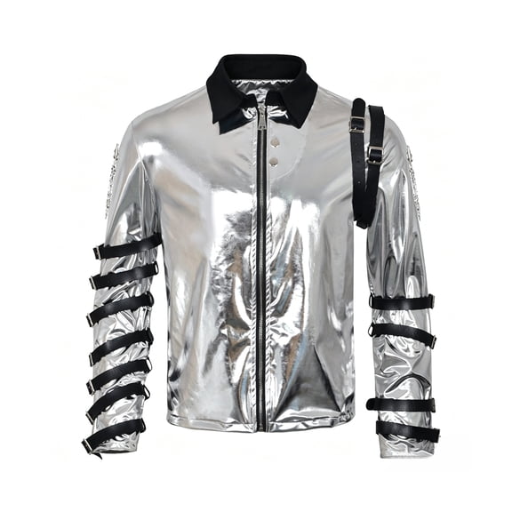 Metallic Silver Pop Star Jacket Retro Punk Costume Adult Halloween Cosplay Outfit with Straps