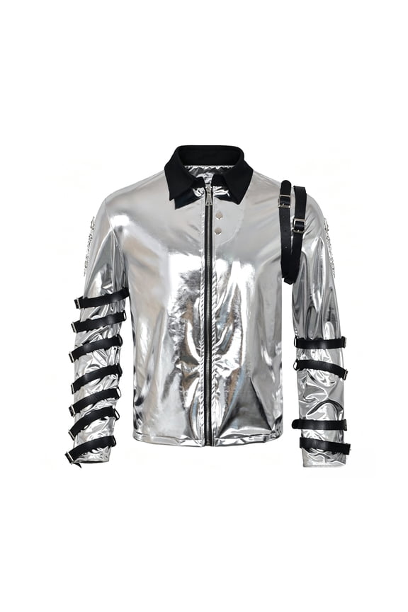 Metallic Silver Pop Star Jacket Retro Punk Costume Adult Halloween Cosplay Outfit with Straps