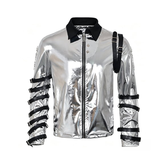 Metallic Silver Pop Star Jacket for Halloween Cosplay Costume, 70s 80s Retro Punk Costume Adult Halloween Cosplay Stage Costume Outfit, M