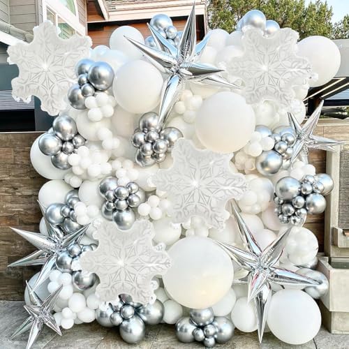 Pri Baloon Metallic Silver and White Balloon Arch 128Pcs Winter Wonderland ...