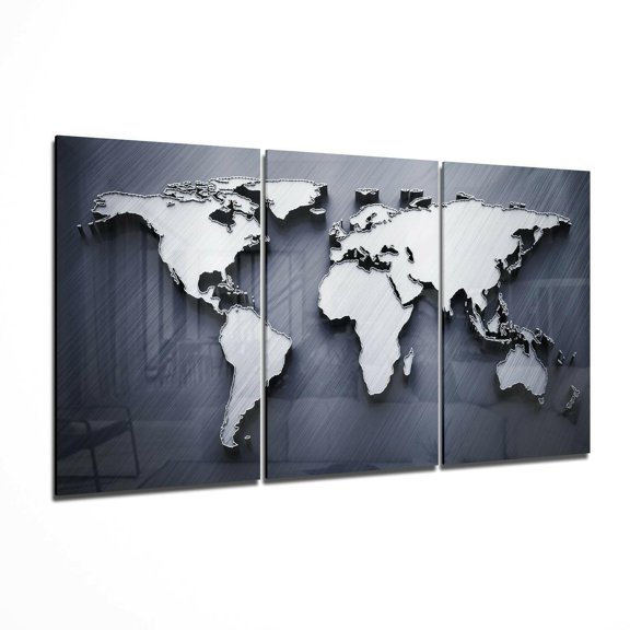 Metallic Silver World Map Triptych Glass Wall Art