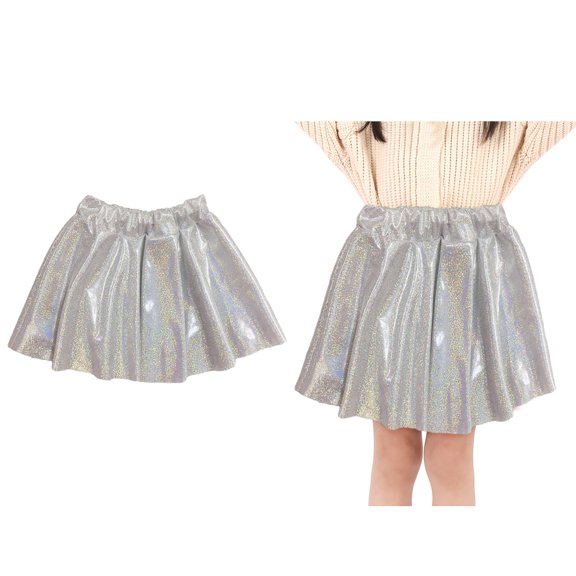 Metallic Skater Skirt Sparkly Shiny Flared Skirt Elastic Waist Flared Pleated A-Line Silver Holographic Skirt Kid Dress Up Birthday Party