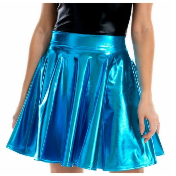 Metallic Skirt Womens Y2k Style Casual Stretch Flared Mini Skater Skirt Pleated Club Party A-Line Short Skirt