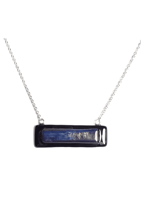 Metallic Slate Gray on Black Fused Glass Bar Necklace