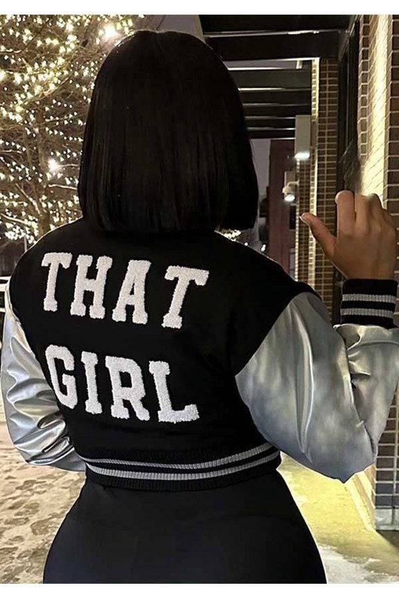 Metallic Sleeve Letter Print Varsity Baseball Jacket (S, MultiBlack)