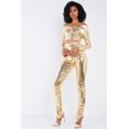 thumbnail image 1 of Metallic Small Scales Print Long Sleeve Off-the-shoulder Cropped Top And High Waist Slim Fit Legging Set, 1 of 5