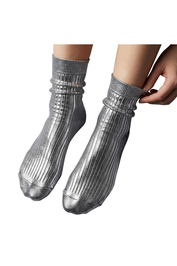 Metallic Socks for Women, Shiny Ribbed Crew Socks, Laminated Fashion Socks for Everyday Wear, Ankle Socks for Heels, Boots, Special Occasion and Casual Outfits-Silver
