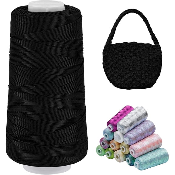 Metallic Sparkle Yarn for Crocheting 1mm x 520 Yards Polyester Macrame Cord Thin Crochet Glitter Bag, Hat, Basket, DIY Crafts, Home Decor (Black) Black