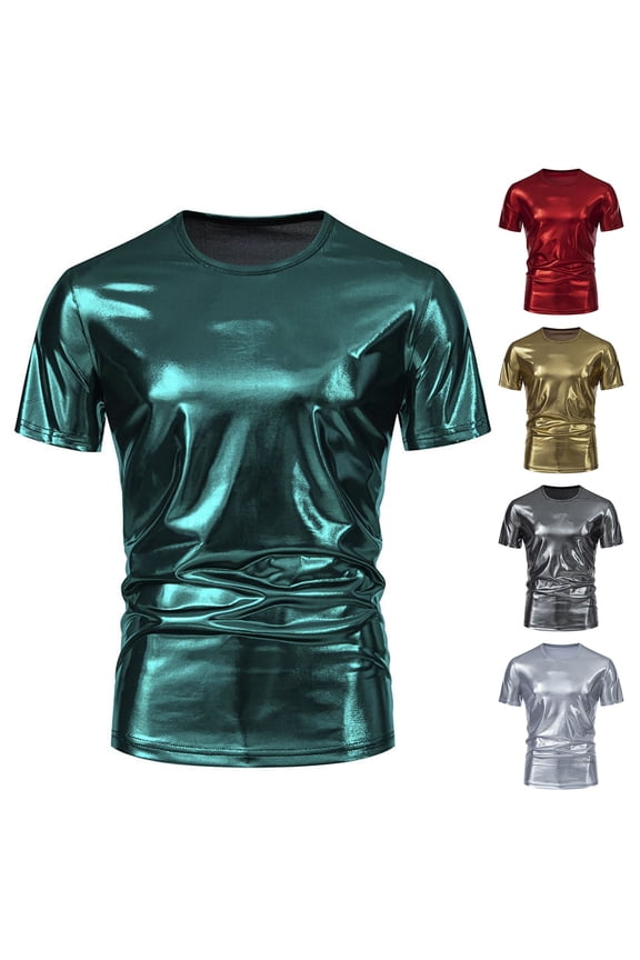 Metallic T Shirts for Men Lightweight Crew Neck Short Sleeve Tee Party Sparkly Shiny Tops Red S