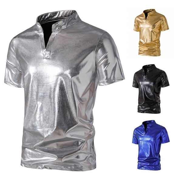 Metallic T Shirts for Men Lightweight Stand Collar Short Sleeve Tee Party Sparkly Shiny Tops Nightclub Black XL