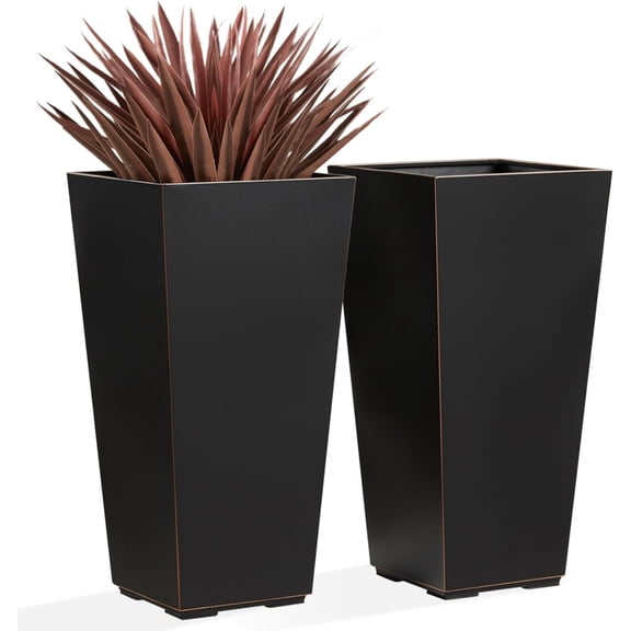 Metallic Taper Planter, 26 Inch Tall Tapered Planter for Front Porch, Patio, Deck, Garden Indoor/Outdoor Tree Planters, Set of 2 Black with Copper Hand Brushed Rim