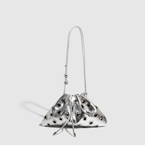 Metallic Texture Hobo Bag with Studs - Adjustable Crossbody Purse Featuring Eyelet & Drawstring Closure