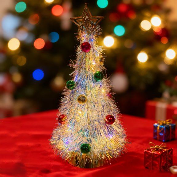 Metallic Tinsel Christmas Tree Light-up Foil Fringe Christmas Tree with Ball Ornaments for Holiday Home Office Tabletop Decoration