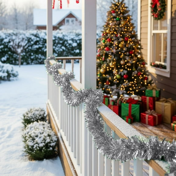 Metallic Tinsel Garland, Silver Plastic Christmas Tree Decor, Sparkling Holiday Home Party Decoration