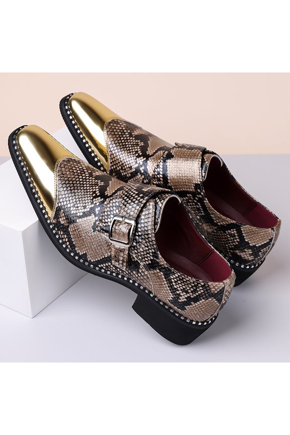Metallic Toe Snake Print Monk Strap Rivet Edge Formal Dress Shoes