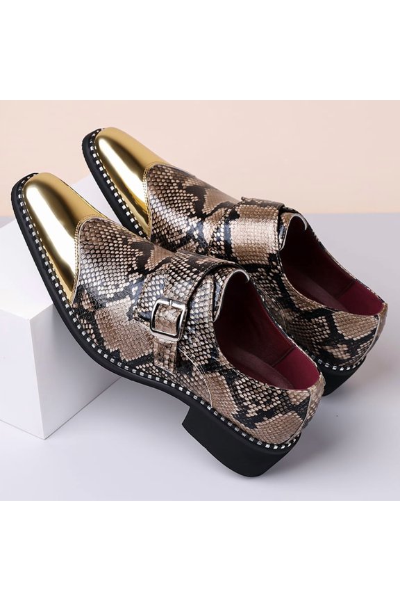 Metallic Toe Snake Print Monk Strap Rivet Edge Formal Dress Shoes