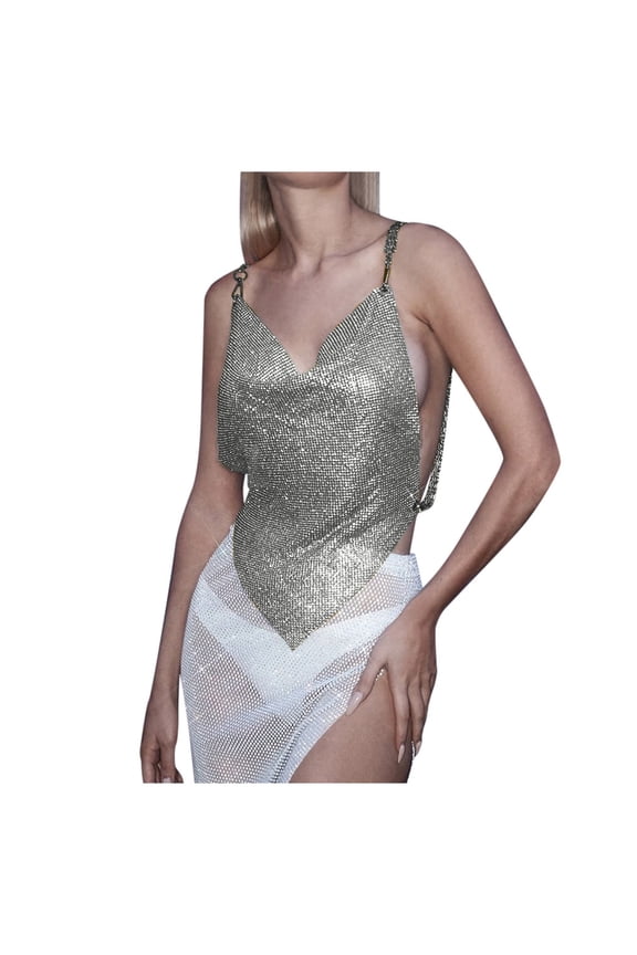 Metallic Water Drill Top Sexy Irregular Chain Strap Tank Women's Spicy Style Vest Fashionable Comfortable Casual Wear