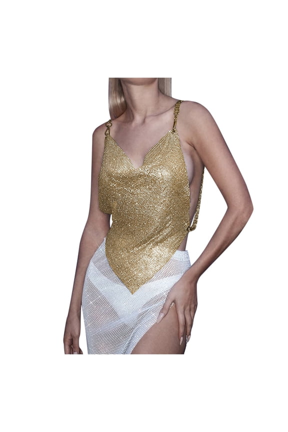 Metallic Water Drill Top Sexy Irregular Chain Strap Tank Women's Spicy Style Vest Fashionable Comfortable Casual Wear