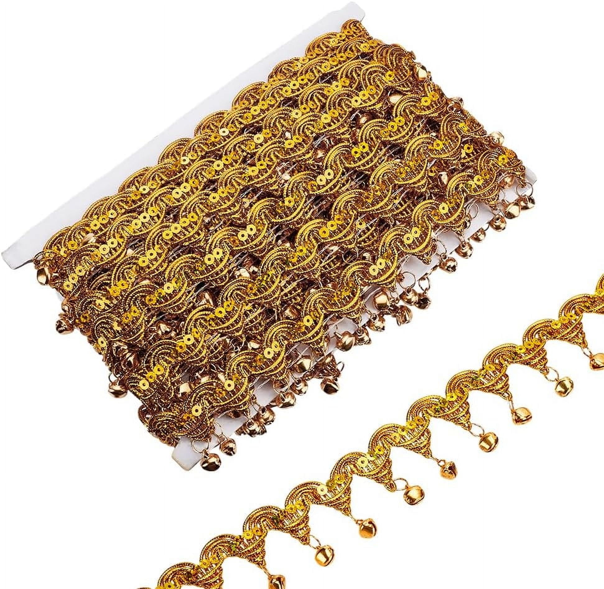 Metallic Wigs Ribbon with Iron Bell Beads for Sewing Decoration Gold 1-5/8 inch(40mm) about 9.84 Yards(9m)/Bundle