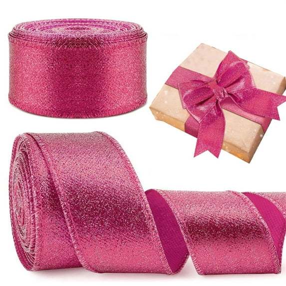 Metallic Wired Edge Ribbon,Bexikou 2.55 Inch 20 Yards Chrisrmas Glitter Ribbon,Metallic Glitter Wired Ribbon for Christmas Tree, Garland, Wreath, DIY Crafts Ornaments(Rose Red)