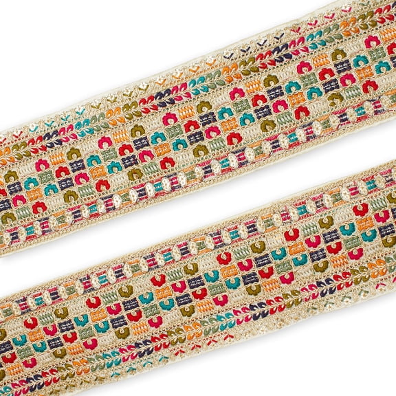 Metallic Woven Fabric Trim 3" Square Floral Sequined Hemmed Embroidered Sewing Upholstery Polyester - Cream (4.5 Meters, 1 Pack)