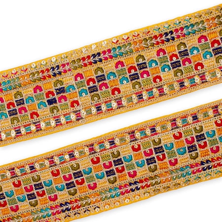 Metallic Woven Fabric Trim 3" Square Floral Sequined Hemmed Embroidered Sewing Upholstery Polyester - Mustard (4.5 Meters, 1 Pack)