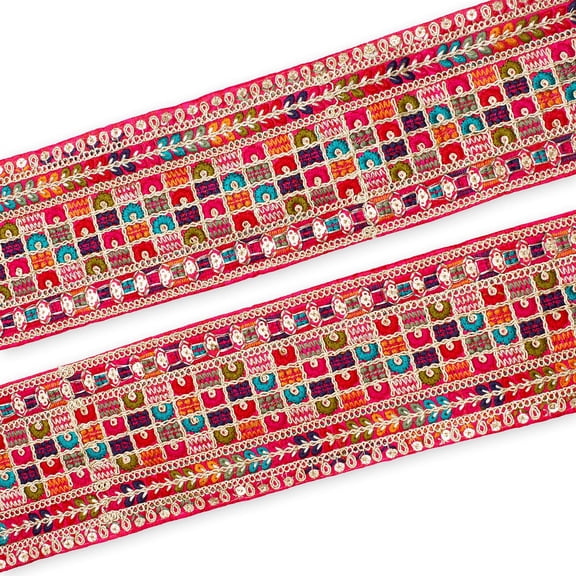 Metallic Woven Fabric Trim 3" Square Floral Sequined Hemmed Embroidered Sewing Upholstery Polyester - Rani (4.5 Meters, 1 Pack)