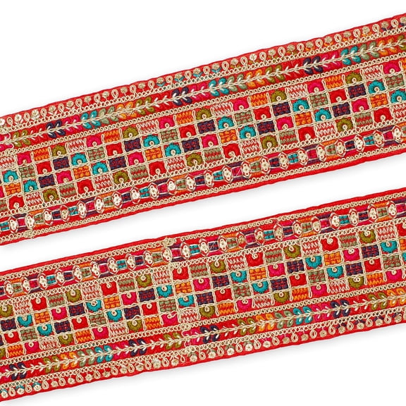 Metallic Woven Fabric Trim 3" Square Floral Sequined Hemmed Embroidered Sewing Upholstery Polyester - Red (4.5 Meters, 1 Pack)