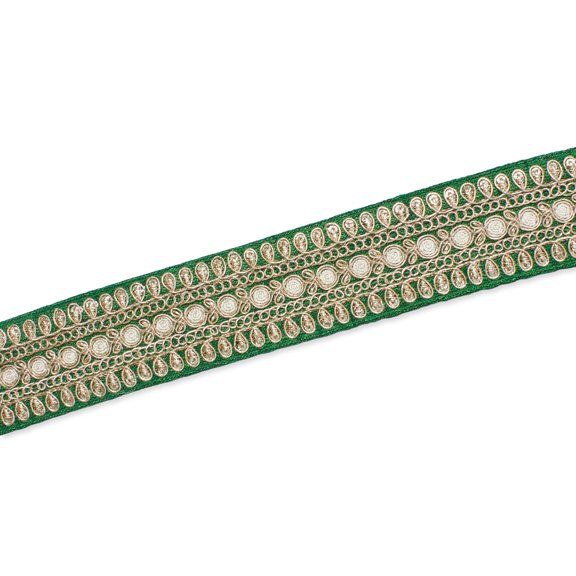 Metallic Woven Trim 1.5 in. Shiny Two Tone Medium Weight Floral Corded Sewing Upholstery Polyester - Kelly Green (1 Pack, 9.8 Yards)