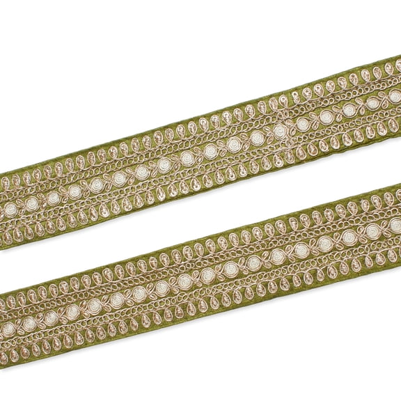 Metallic Woven Trim 1.5 in. Shiny Two Tone Medium Weight Floral Corded Sewing Upholstery Polyester - Olive (1 Pack, 9.8 Yards)