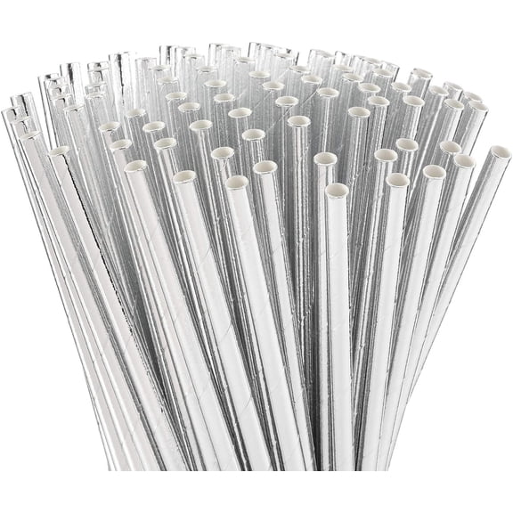 Metallic silver paper straws, biodegradable single-use party drinking straws, suitable for birthdays, weddings, baby/wedding baptisms, Christmas decorations, and party supplies, 100 pack each
