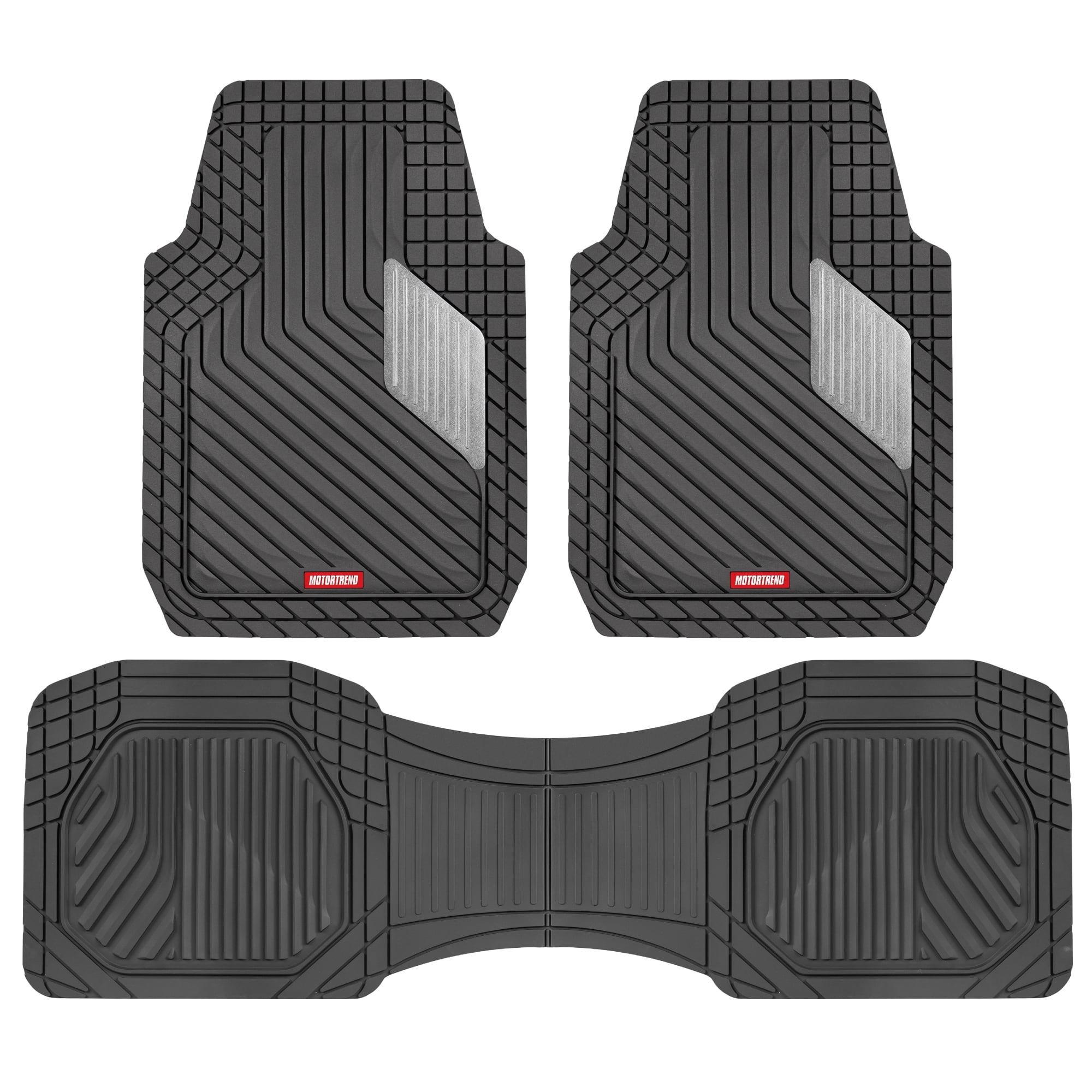 Motor Trend MetallicGuard Car Floor Mats Full Set - Durable Rubber Floor Mats with Silver Metallic Heel Pad, All-Weather Interior Protection for Front and Rear with Non-Slip Backing