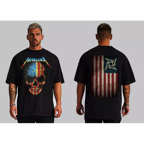 Metallica American Flag Front And Back Print Heavy Metal Black T Shirt,Light Pink color,size L