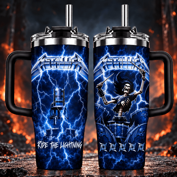Metallica Ride the Lightning 40oz Tumbler With Handle, Heavy Metal Music Stainless Steel Insulated Travel Cup