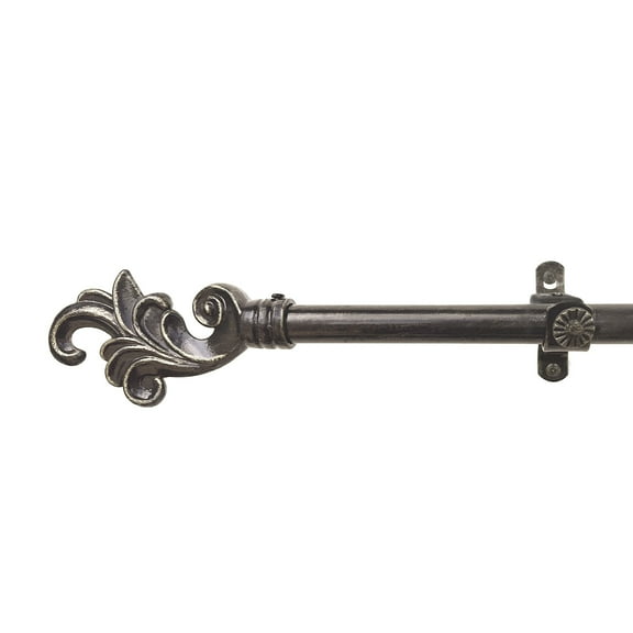 Metallo Decorative Telescopic Metal Curtain Rod, 28" to " Contemporary Round PVC Finials, Ultra Durable Brackets 3/4" Diameter Window Drapery Rod, Charcoal Leaf Finial