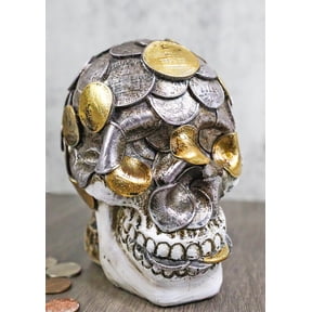 Metallurgy Currency Silver and Gold Coins Skull Face Money Coin Bank Figurine