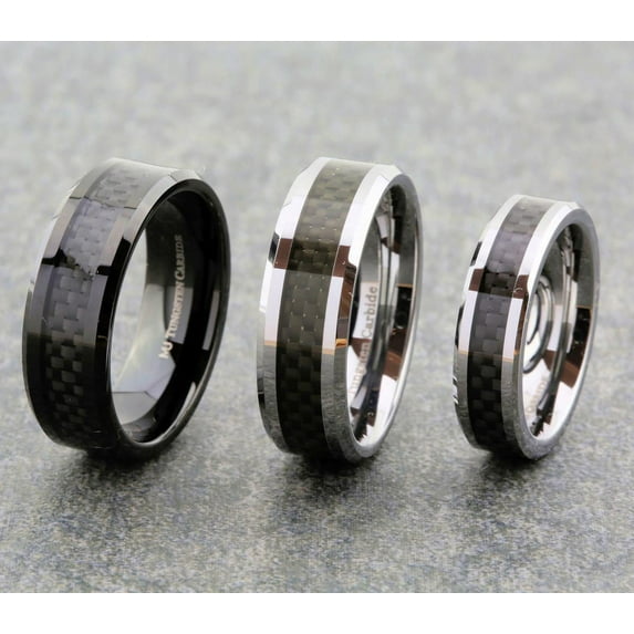 Metals Jewelry 6mm Mirror Polished Tungsten Carbide Wedding Band Black Carbon Fiber Inlay Ring Size 6