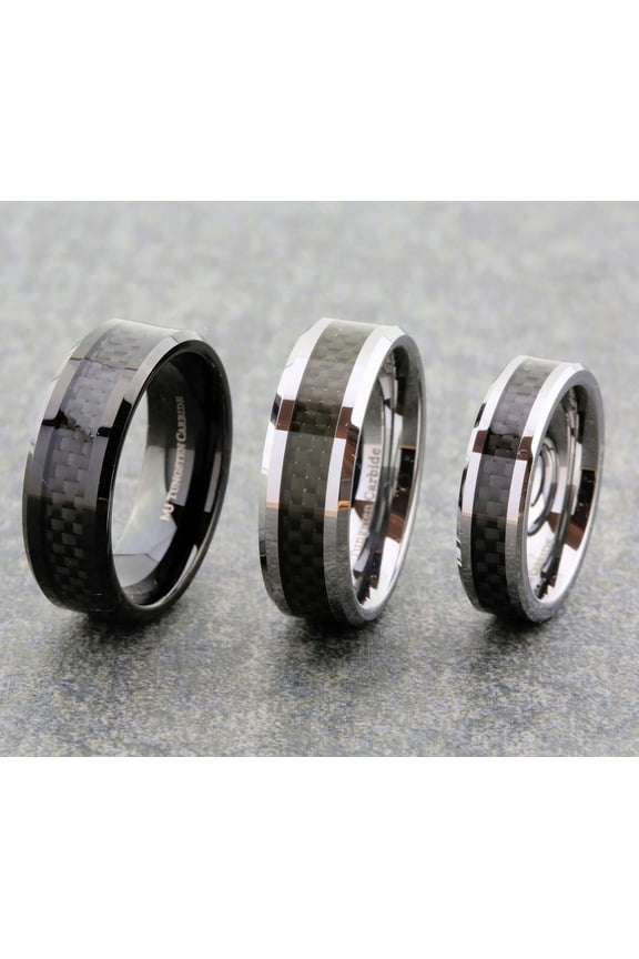 Metals Jewelry 8mm Mirror Polished Tungsten Carbide Wedding Band Black Carbon Fiber Inlay Ring Size 13
