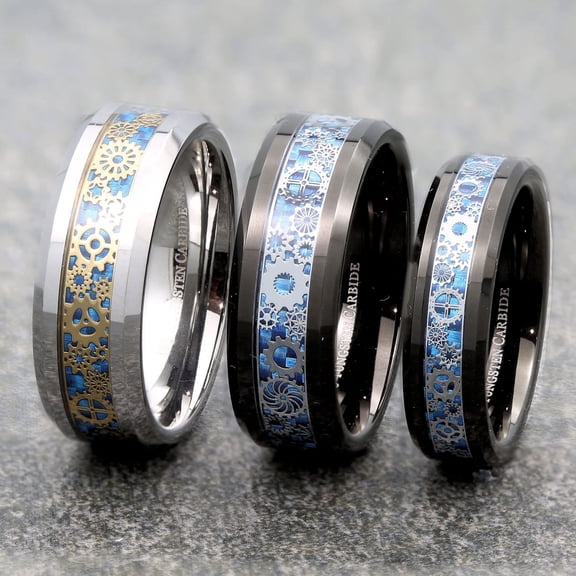 Metals Jewelry Adult Men's / Women's Steampunk Gear Inlay 8mm Tungsten Carbide Polished Wedding Band Ring Size 11