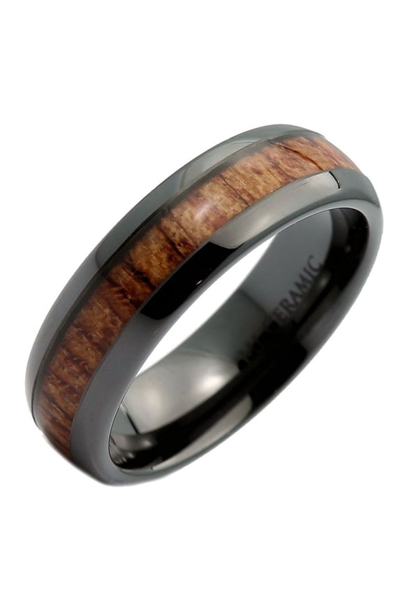 Metals Jewelry Black Ceramic 6mm Wedding Band, Inlay Made from Real Koa Wood, Ring Size 10.5