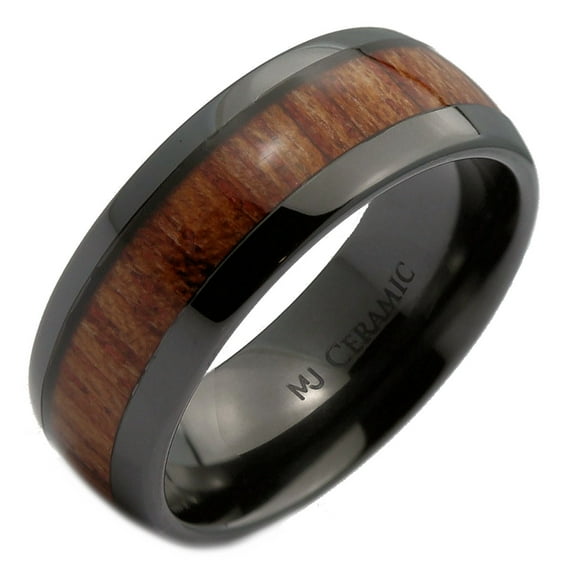 Metals Jewelry Black Ceramic 8mm Wedding Band, Inlay Made from Real Koa Wood, Ring Size 9.5