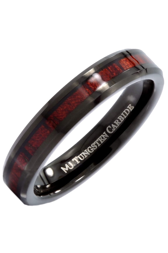 Metals Jewelry Men's / Women's 4mm Black Plated Tungsten Carbide Koa Wood Inlay Wedding Ring Comfort Fit Size 6